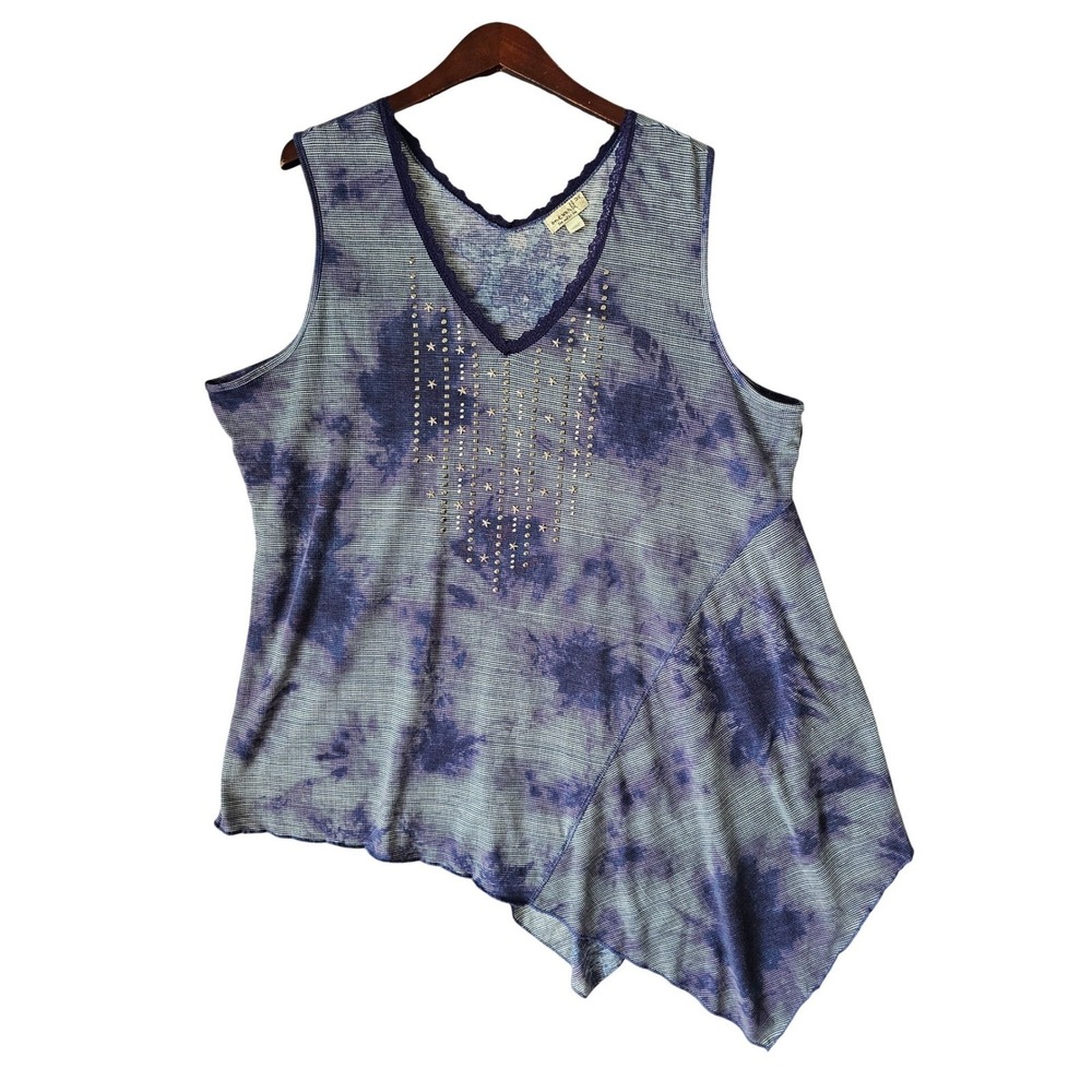 One World Womens 3X Blue Striped Tie Dye Studded Star Lace V-Neck Tank Top